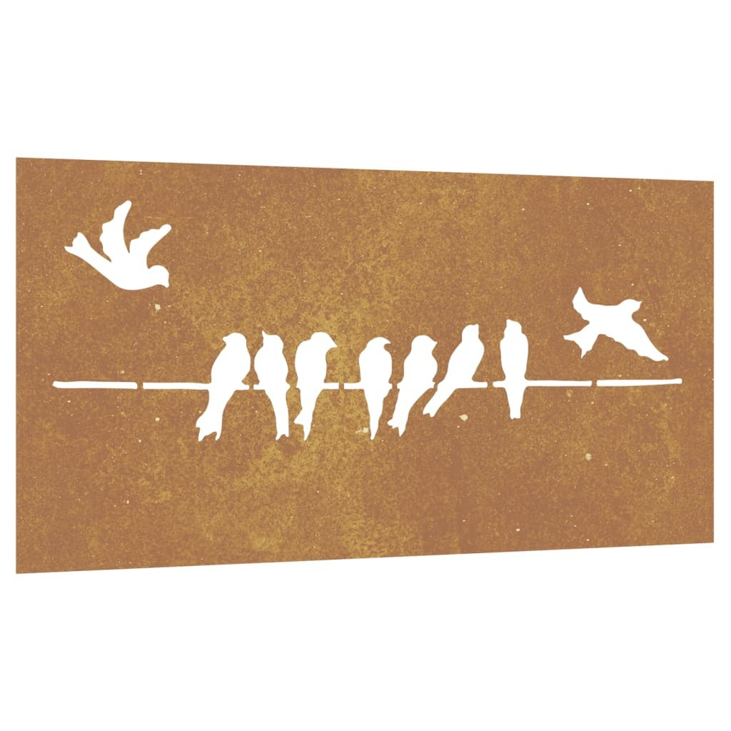 Close-up view of corten steel bird pattern wall decoration showing detailed animal print design and weathered finish