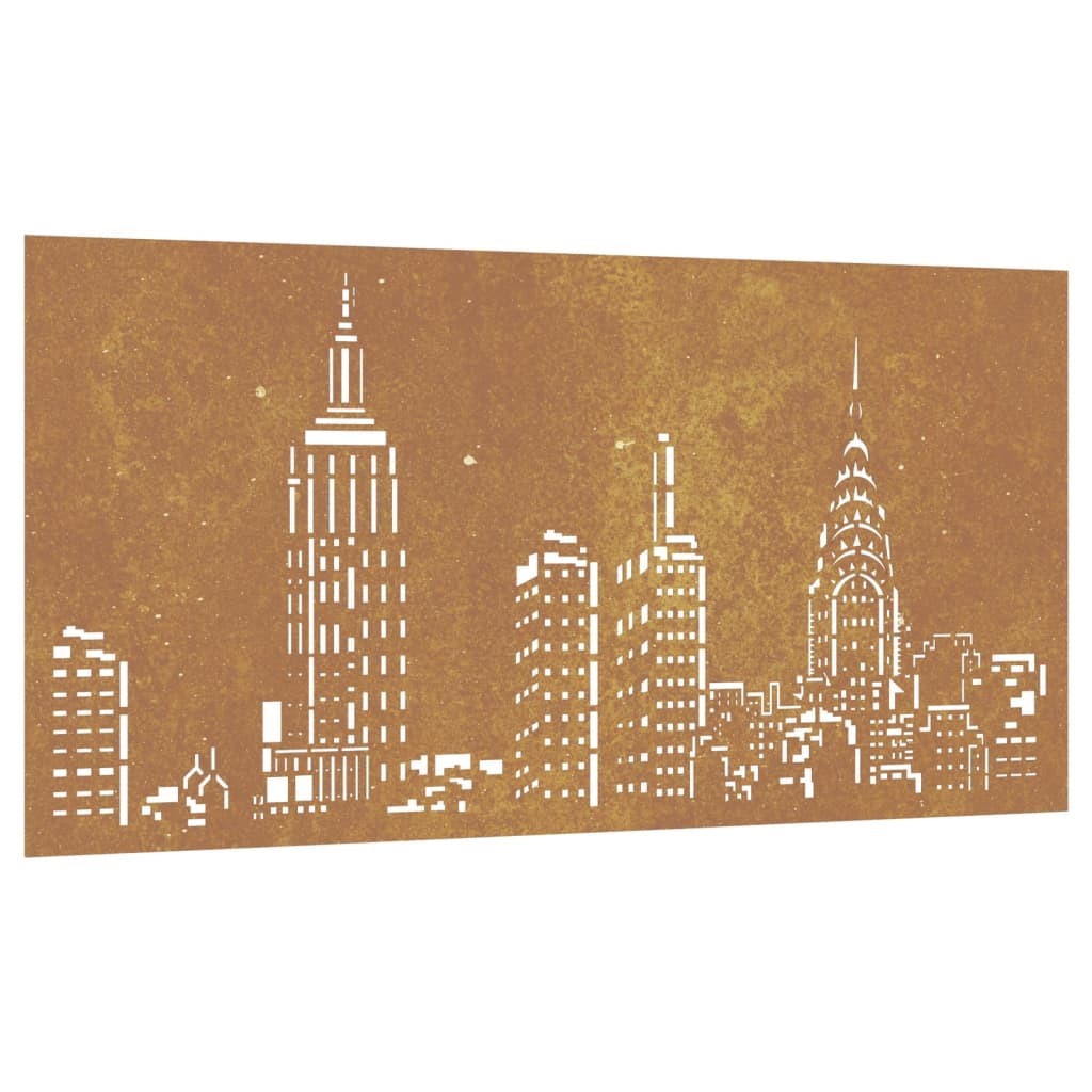Close-up of corten steel skyline design showing urban silhouette and weathering finish