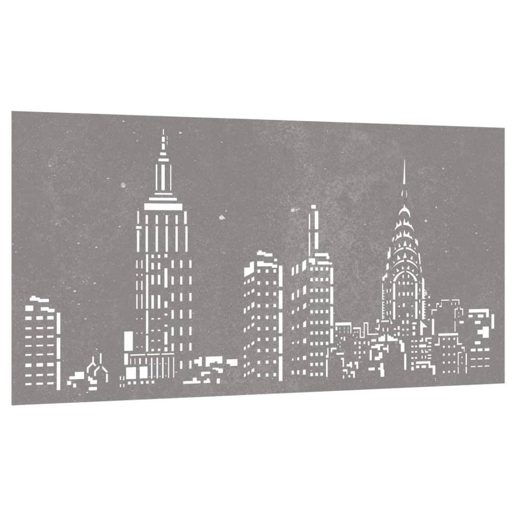 Side view of corten steel skyline wall art showing dimensional urban sculpture design