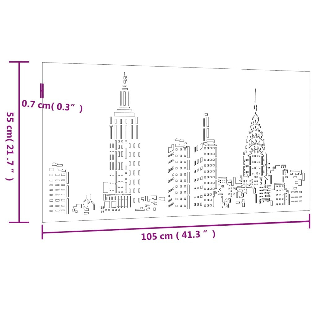 Technical view of corten steel skyline wall art showing dimensions and mounting options