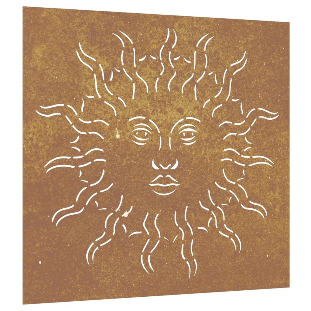 Close-up view of corten steel sun wall art showing natural rust patina development and weathering process
