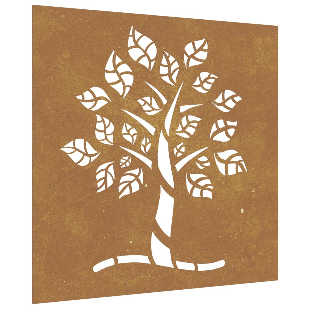 Close-up view of corten steel tree pattern wall decoration showing brown to rusty finish development