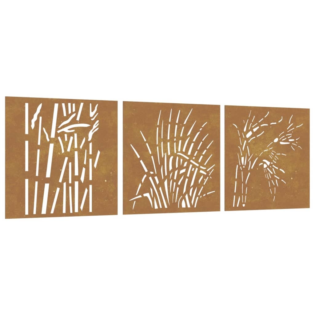 Close-up view of weathered corten steel metal art panel showing rust texture and decorative pattern details