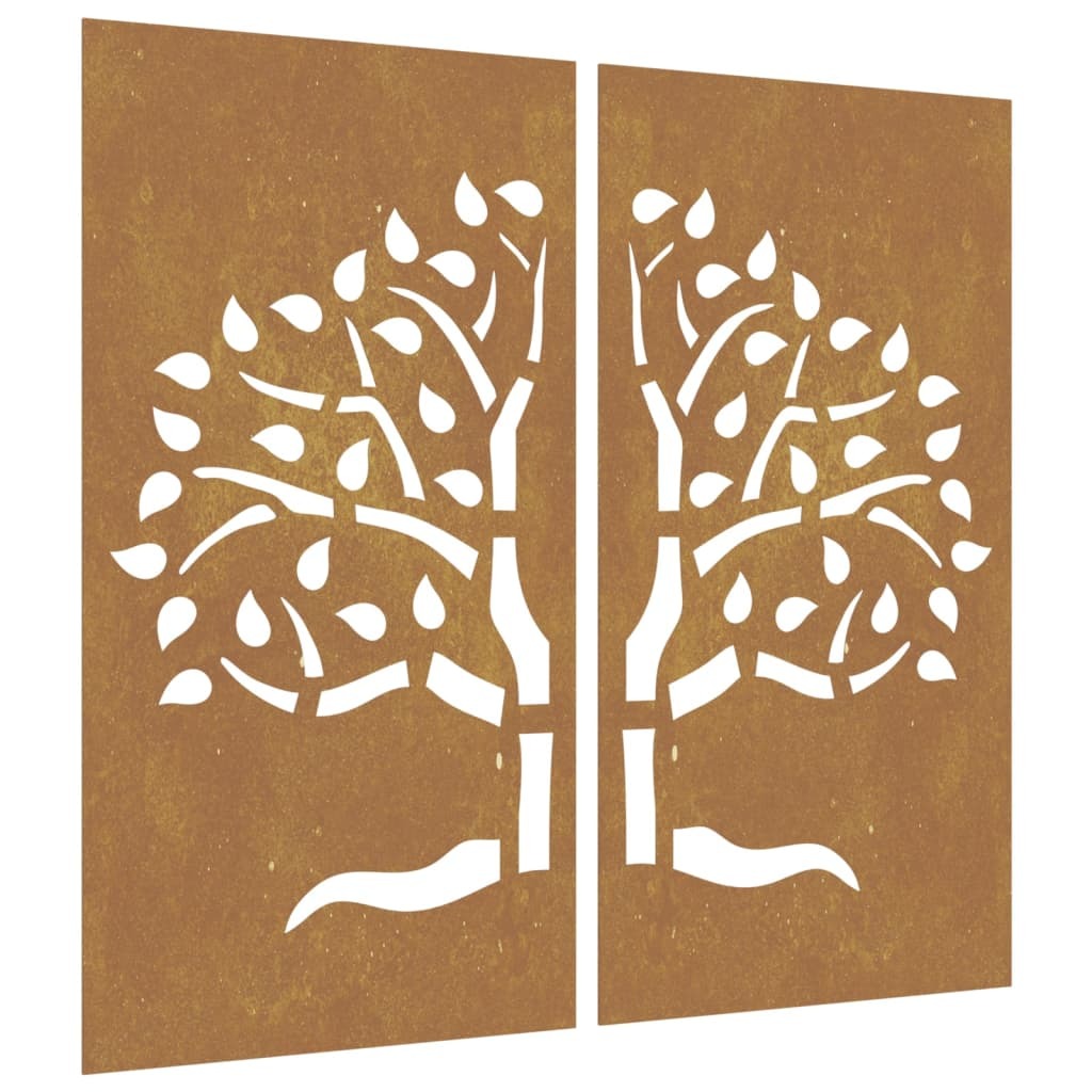 Close-up view of corten steel tree pattern wall decoration showing weathered brown finish and rusty patina