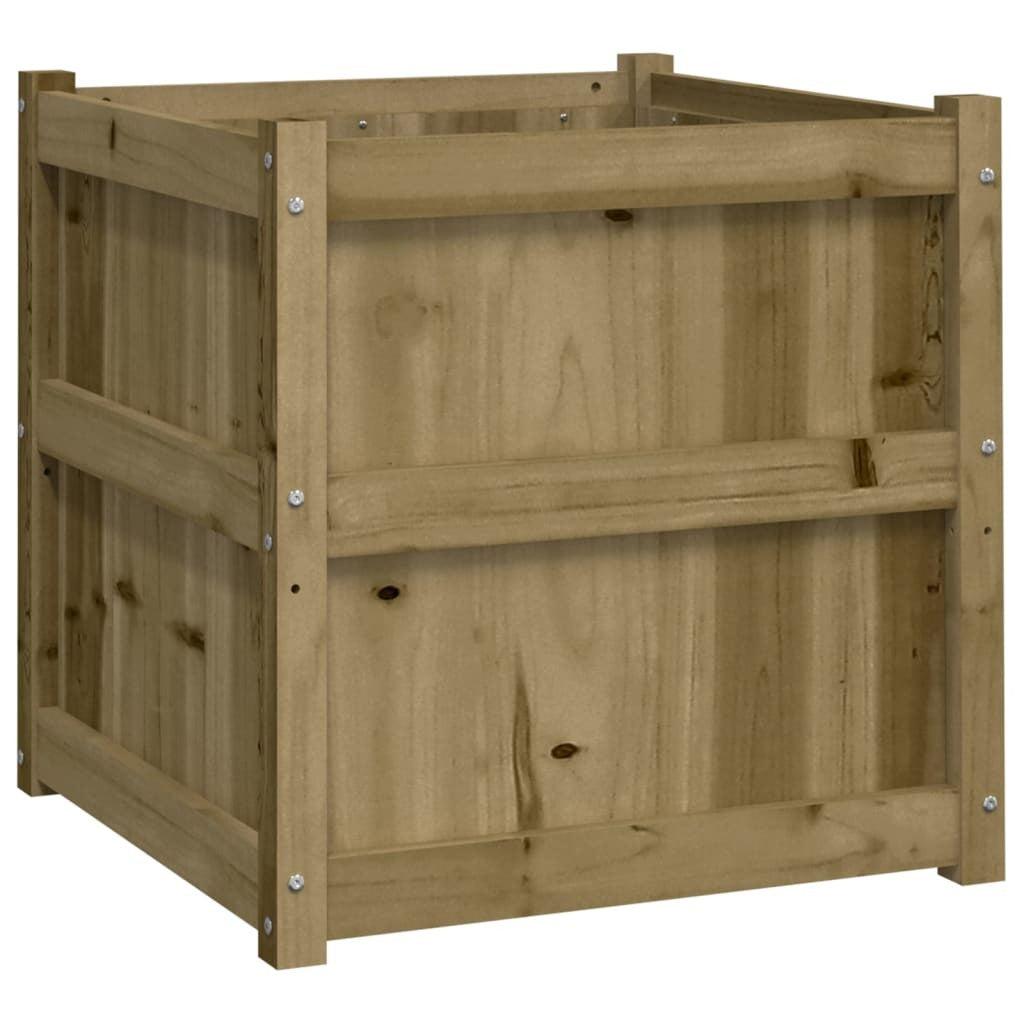 Side view of brown treated pine wood planter showing weather-resistant construction - 23.6 inch square raised garden bed