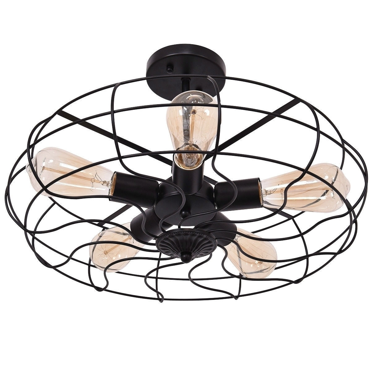 Detail view of 18.5-inch black iron chandelier displaying spherical cage construction and retro design, versatile ceiling light fixture for any room