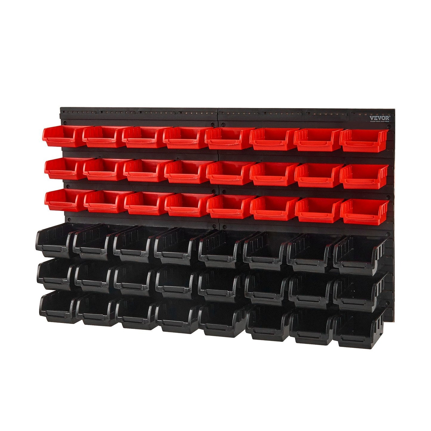 VEVOR 48-bin wall mounted storage organizer garage parts rack tool system black red plastic bins wall panels hardware organizer nuts bolts screws nails workshop storage expandable configuration