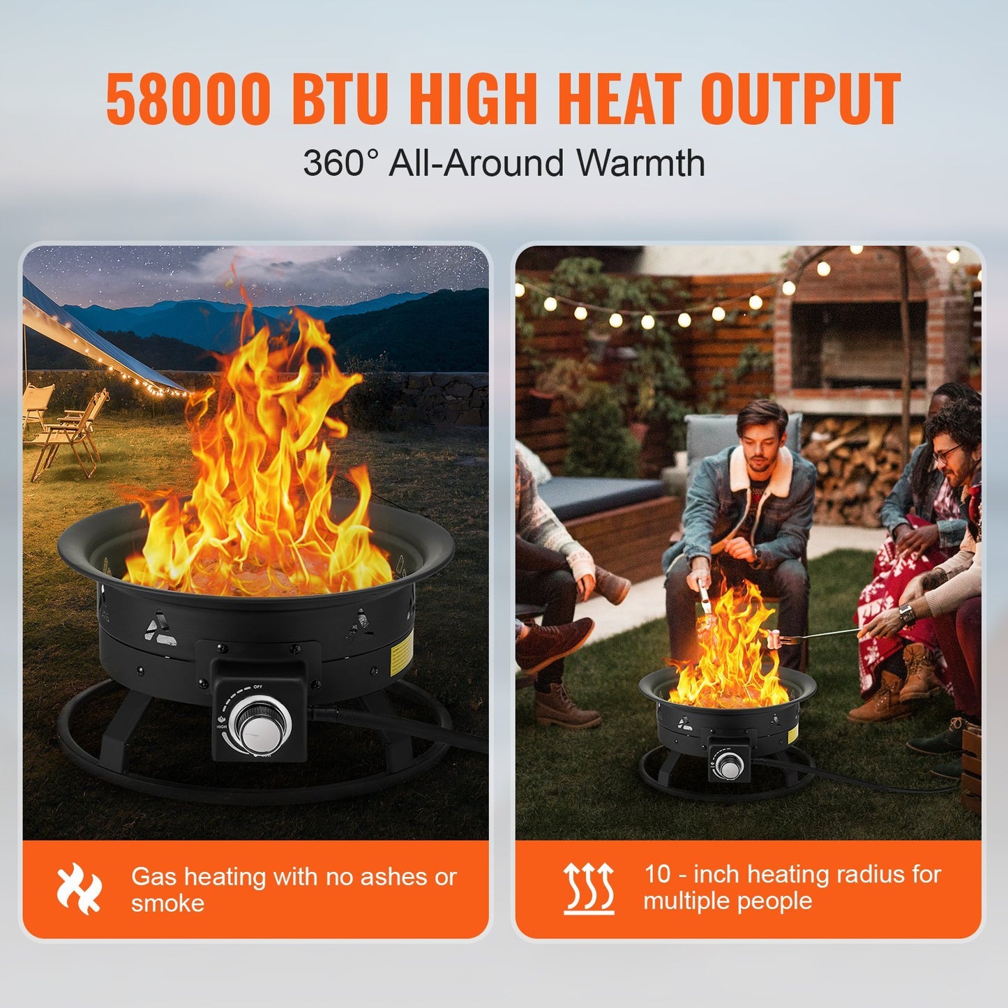 Propane fire pit package showing 58000 BTU outdoor gas firepit with cover and lava rocks