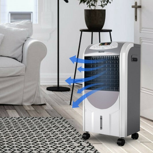 Air cooler in bedroom setting showing quiet operation and portability