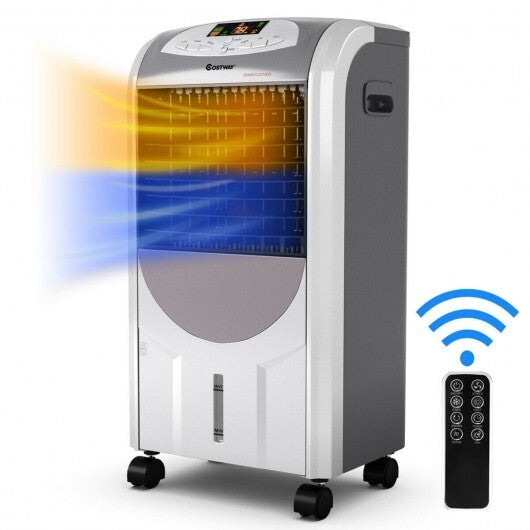 Portable air cooler with remote control showing cooling heating humidifying functions