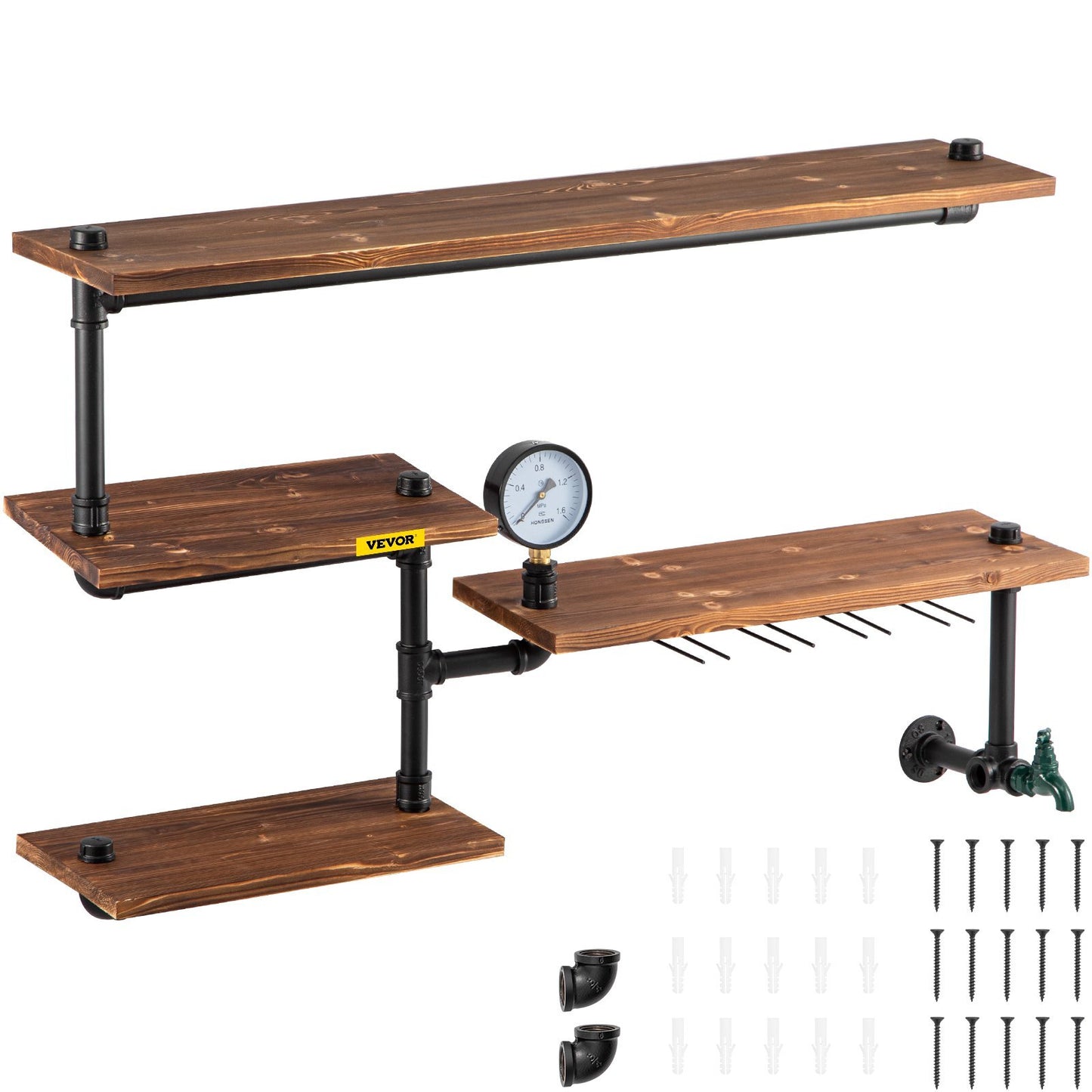 VEVOR industrial pipe shelving 4-tier rustic wood wall mounted floating shelves brown solid wood planks black metal pipes for kitchen bathroom office home decor storage