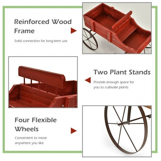 Wooden wagon planter assembly instructions and product dimensions diagram