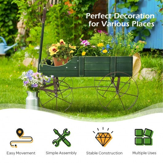 Green wooden wagon planter product specifications and features diagram
