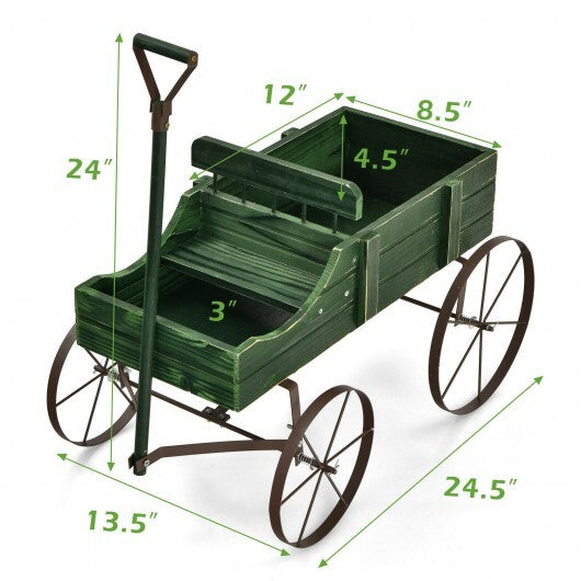 Wooden garden cart planter showing mobility and versatile design features