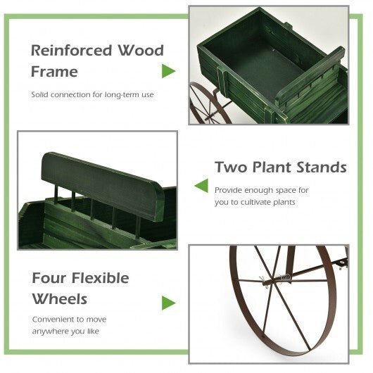 Green wooden garden cart planter product packaging and assembly instructions