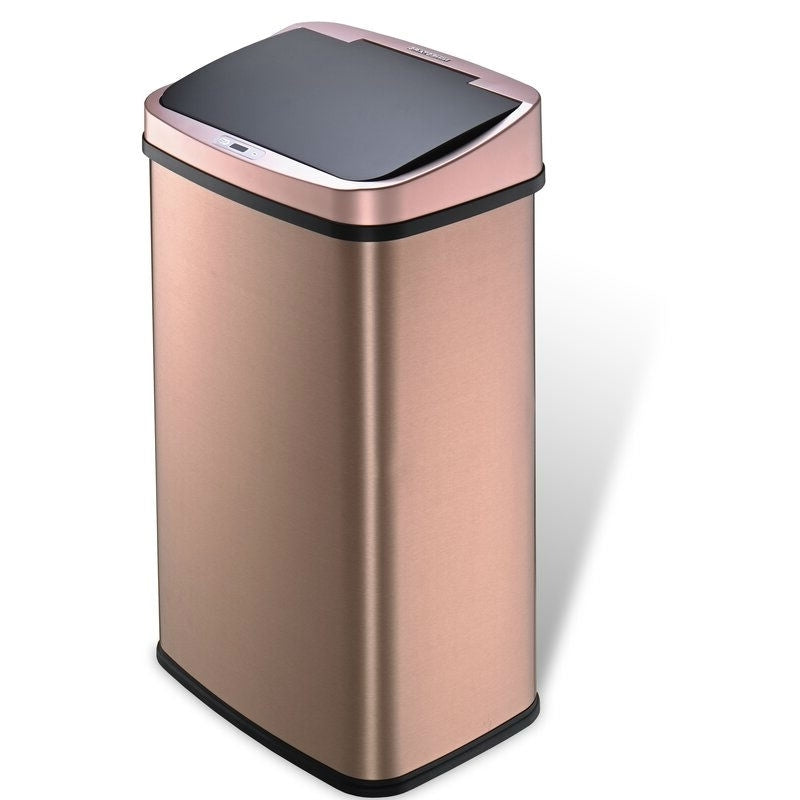 Side view of premium stainless steel kitchen trash can with motion sensor technology