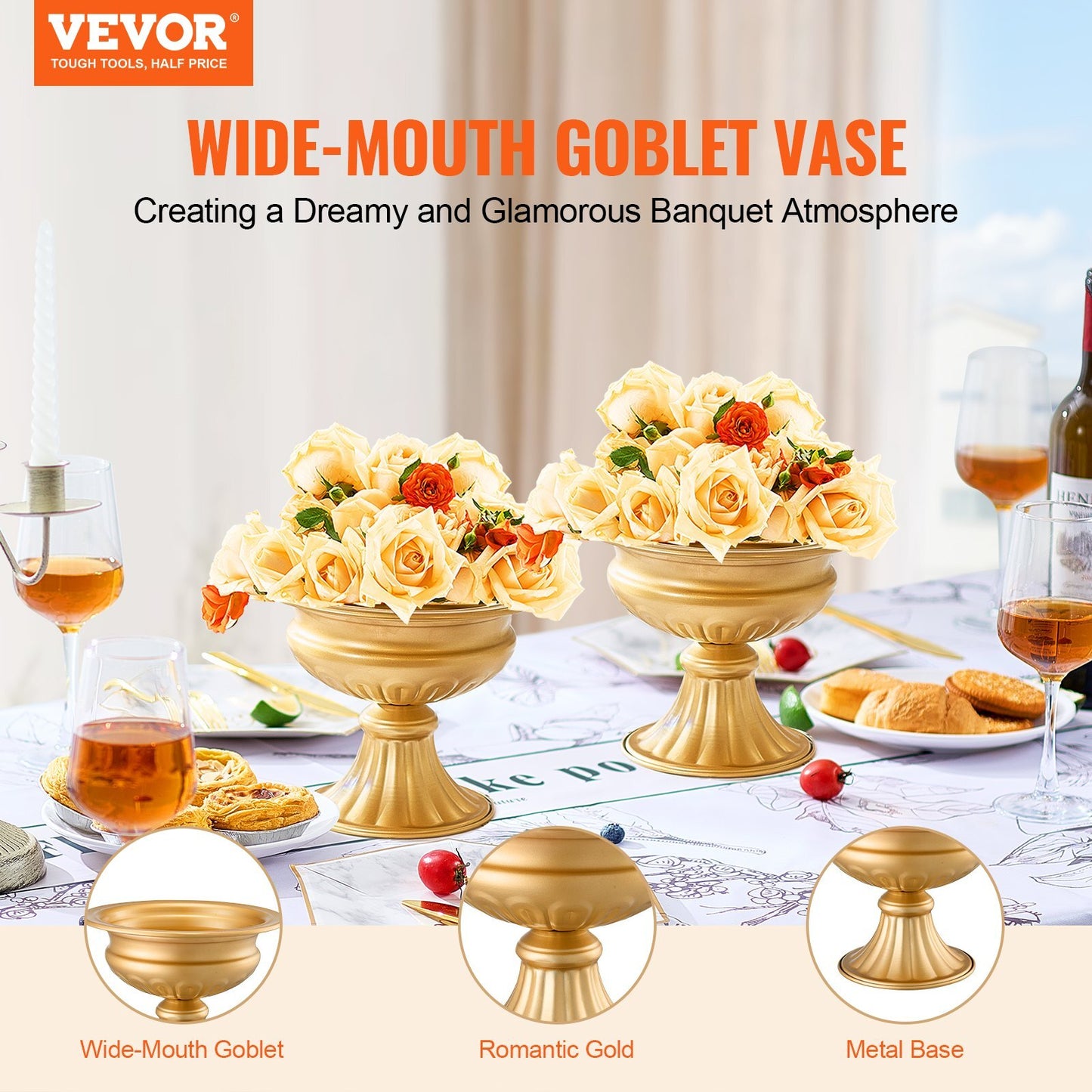 Gold metal wedding vases set of 10 close-up showing elegant French gold electroplating and durable construction