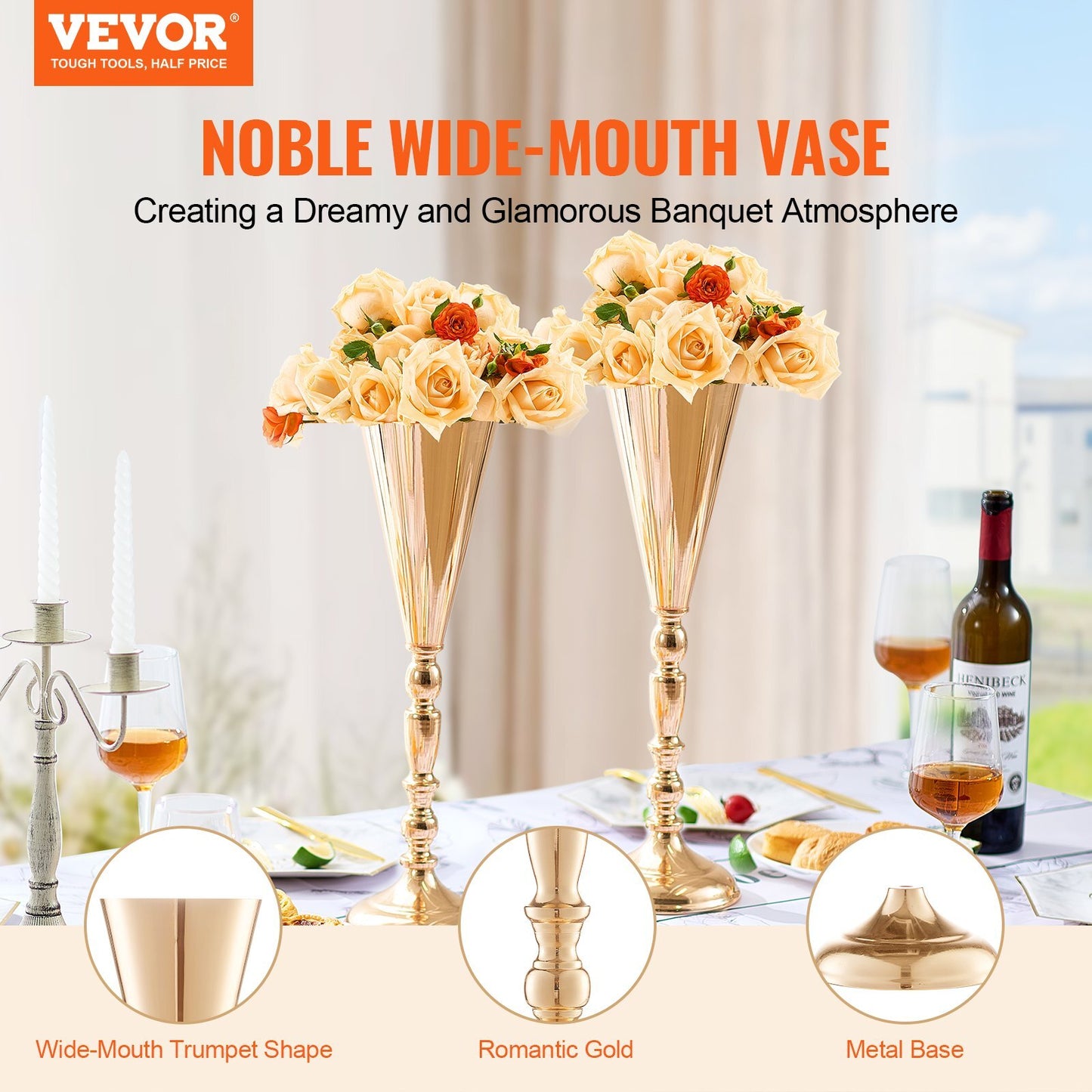 Gold metal trumpet wedding vases set of 10 close-up showing elegant French gold electroplating and tall design