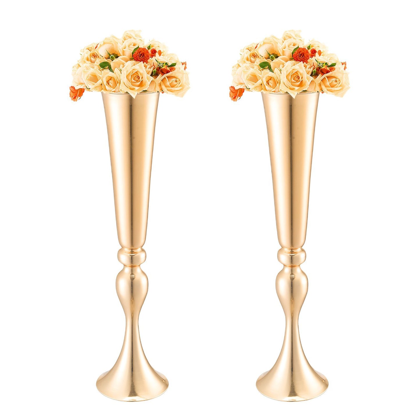 Set of 2 tall gold metal trumpet wedding vases, 22 inch French gold centerpiece holders for elegant event table decor