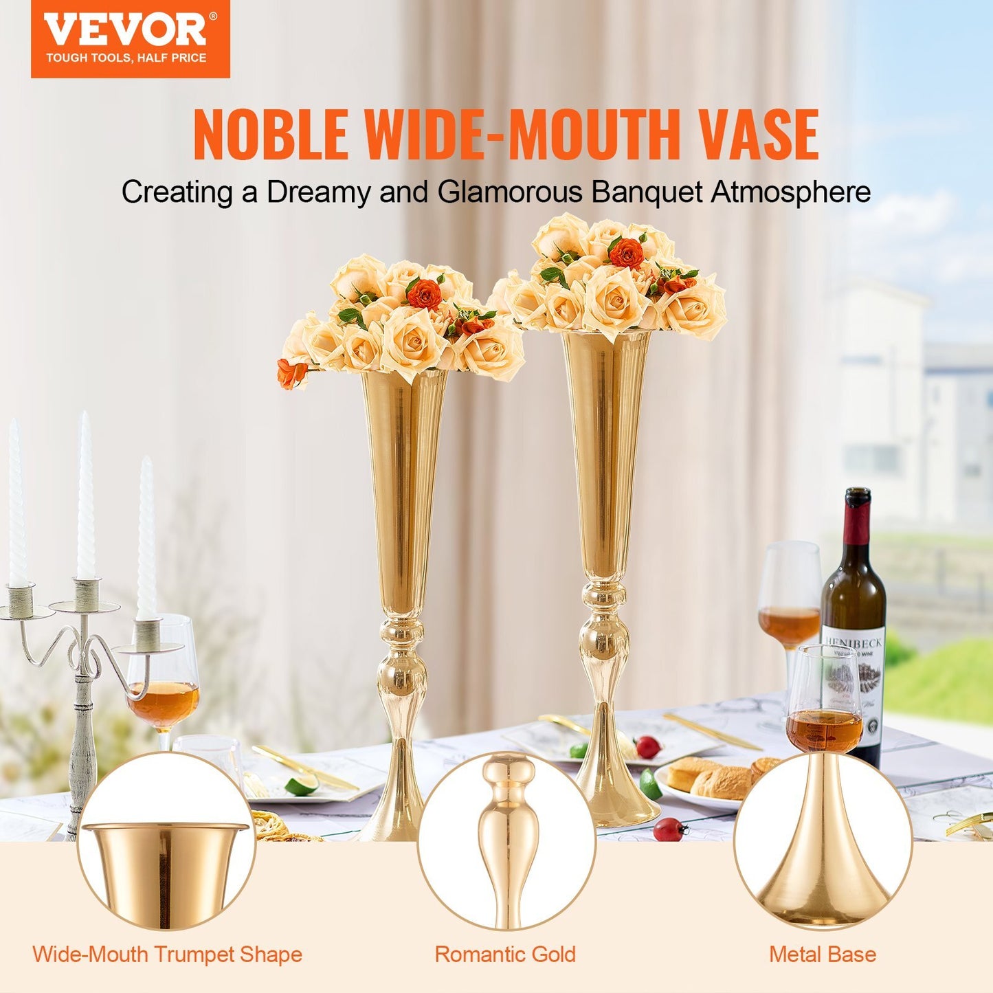 Gold trumpet vase pair showing French gold electroplating and stable metal construction, 22 inch wedding centerpiece set