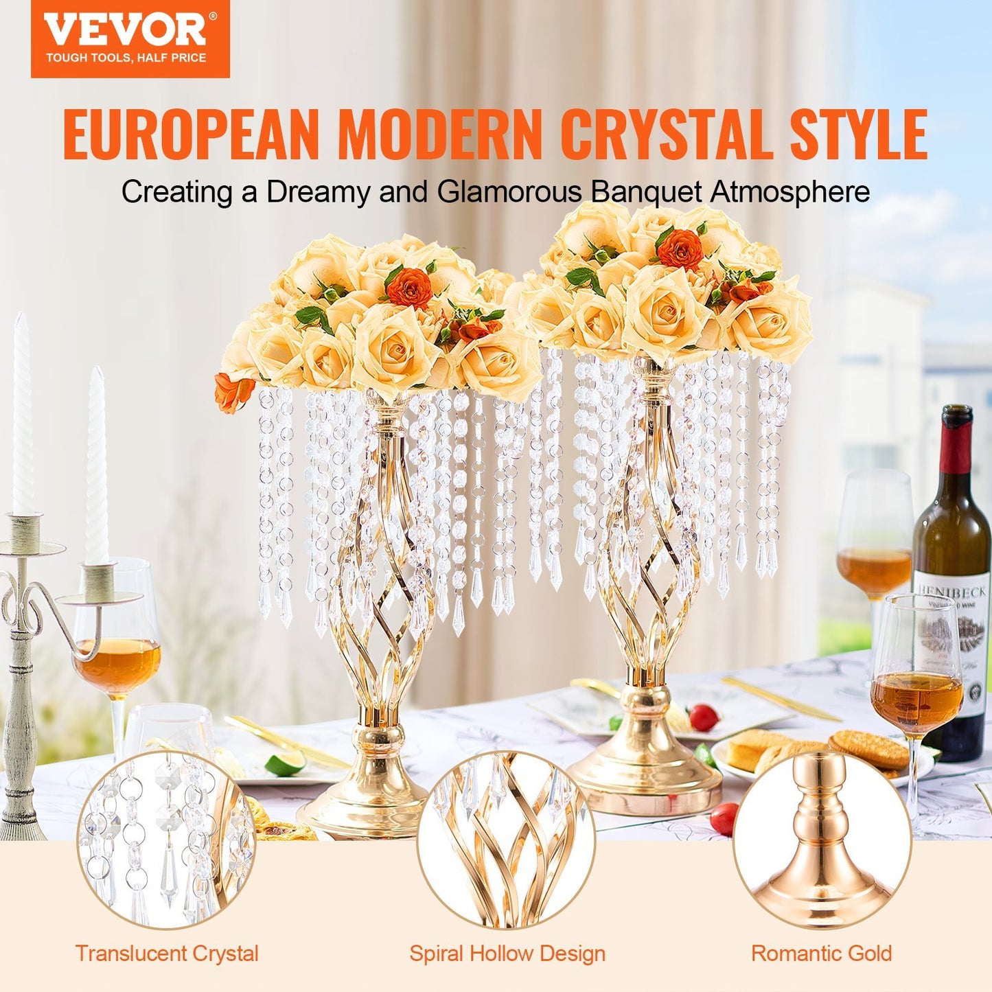 Close-up of tall gold metal centerpiece vase stand showing stable carbon steel construction and luxurious finish
