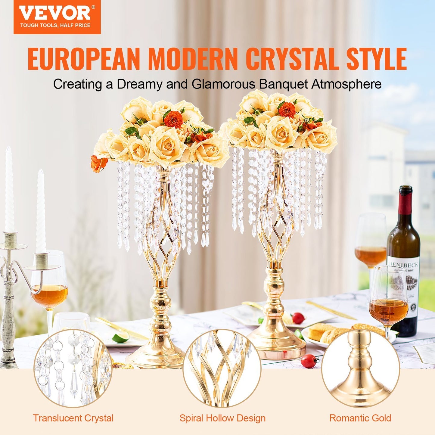 Gold metal wedding centerpiece vase with crystal accents showing detailed French gold electroplating, 19.3 inch tall flower holder for formal events