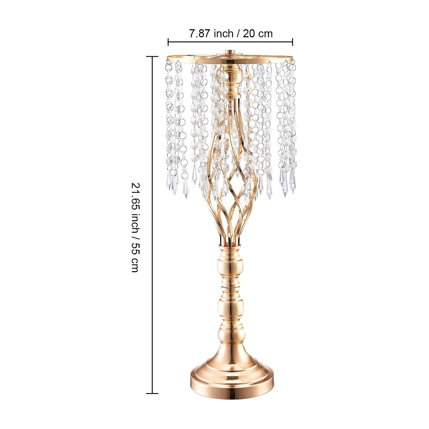 Close-up detail of gold metal wedding centerpiece vase with crystal accents showing premium French gold electroplating and 21.65 inch tall flower holder stand for elegant event decor and formal celebrations
