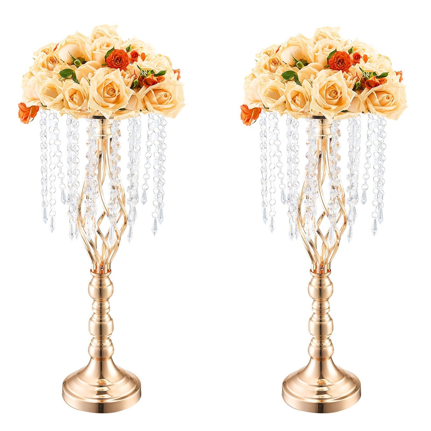 Set of 2 tall gold crystal wedding flower stands 21.65 inches high with French gold finish and sparkling crystal accents, elegant metal centerpiece vases for wedding reception tables and formal events