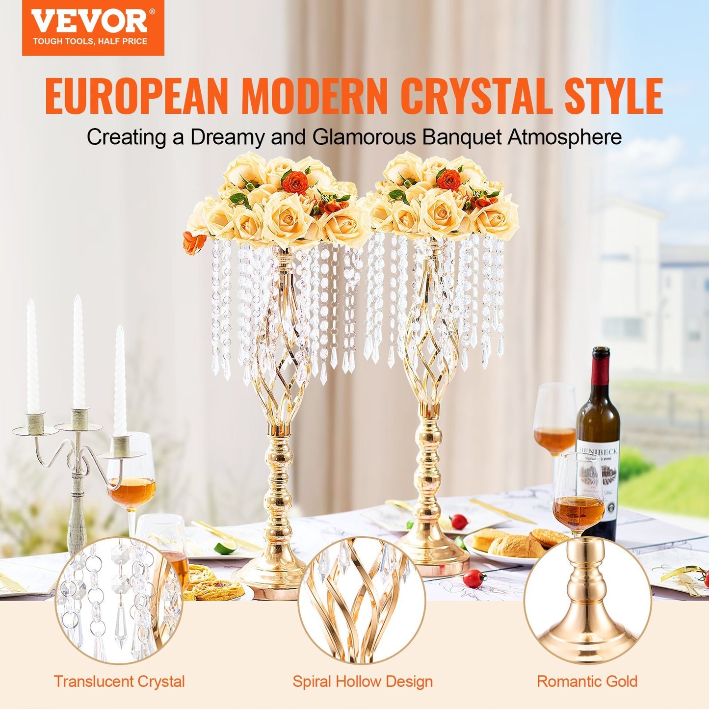 Close-up detail of gold metal wedding centerpiece vase with crystal accents showing premium French gold electroplating and 21.65 inch tall flower holder stand for elegant event decor and formal celebrations