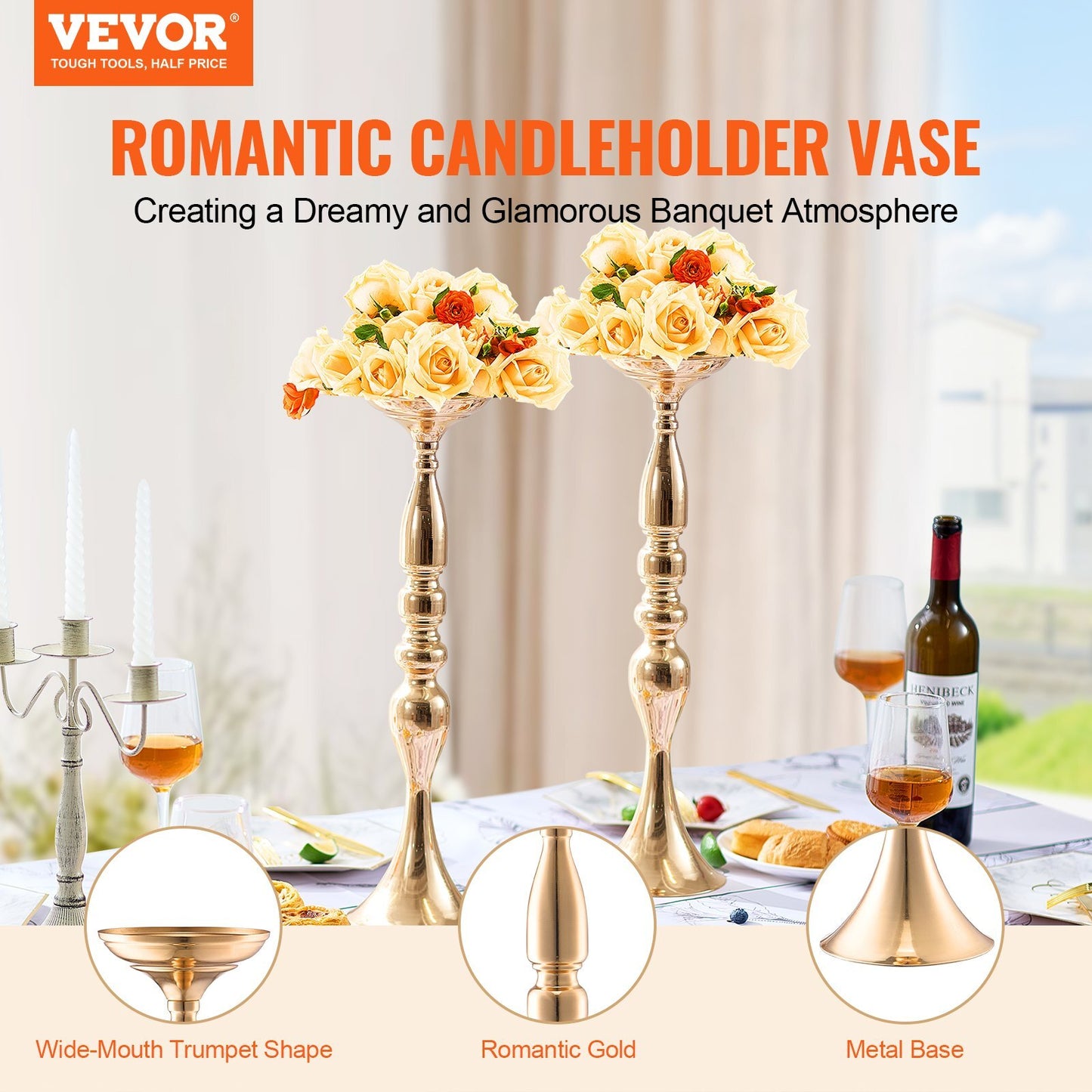 Close-up of tall gold metal centerpiece vase stand showing stable carbon steel construction and luxurious finish