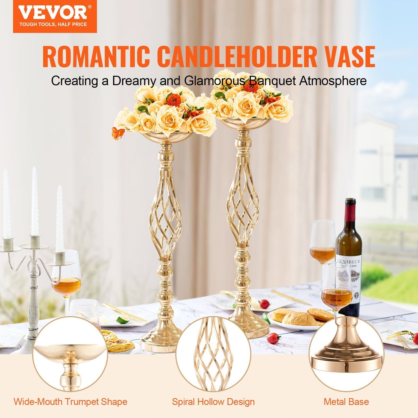 Close-up of 22.83 inch tall gold metal centerpiece vase stand showing stable carbon steel construction and luxurious finish