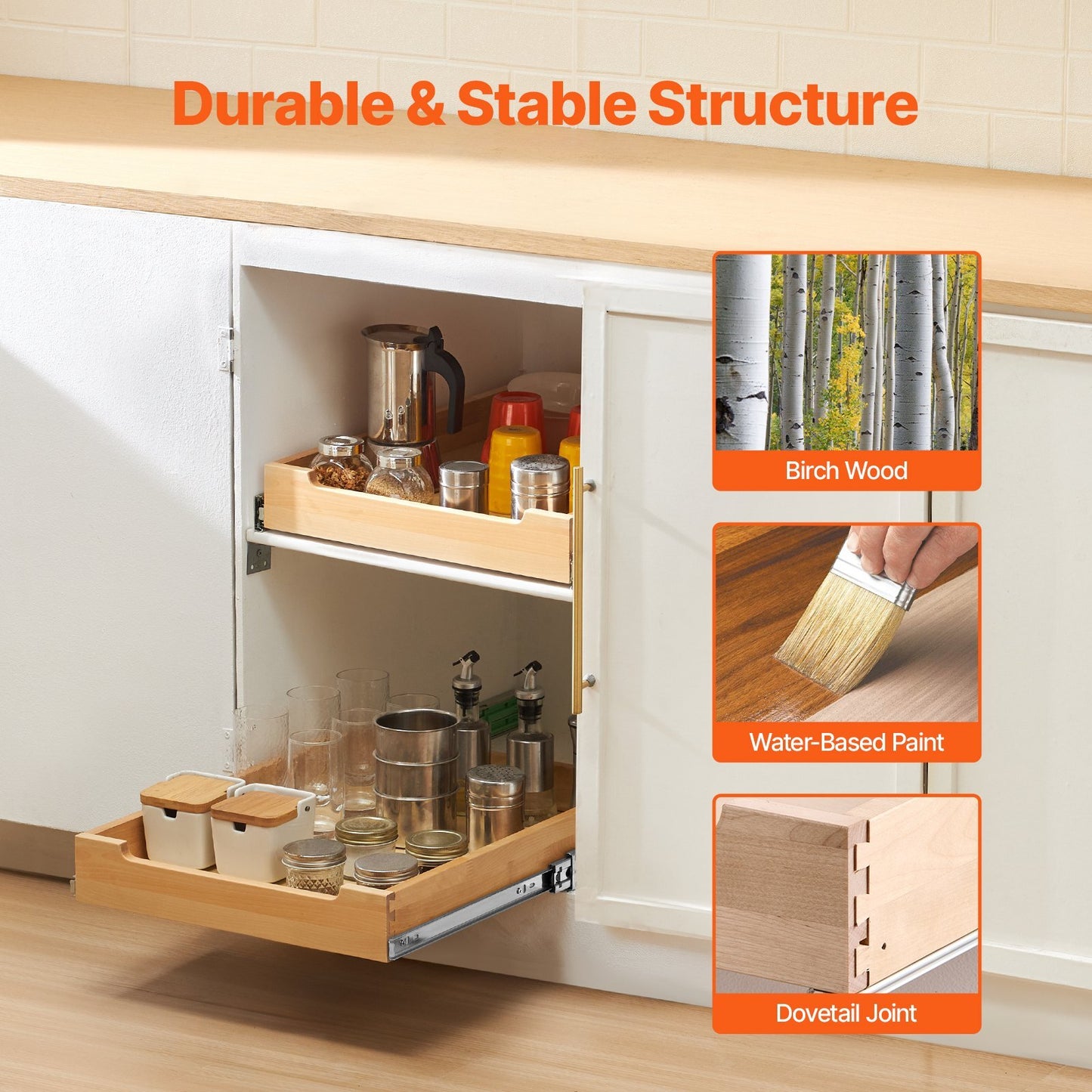 Close-up of VEVOR cabinet organizer showing heavy-duty ball bearing slides and solid wood construction with 60 lb capacity