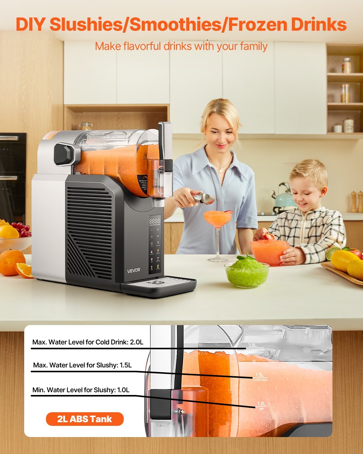 No ice needed frozen drink maker showing removable barrel and drip tray for easy cleaning and maintenance