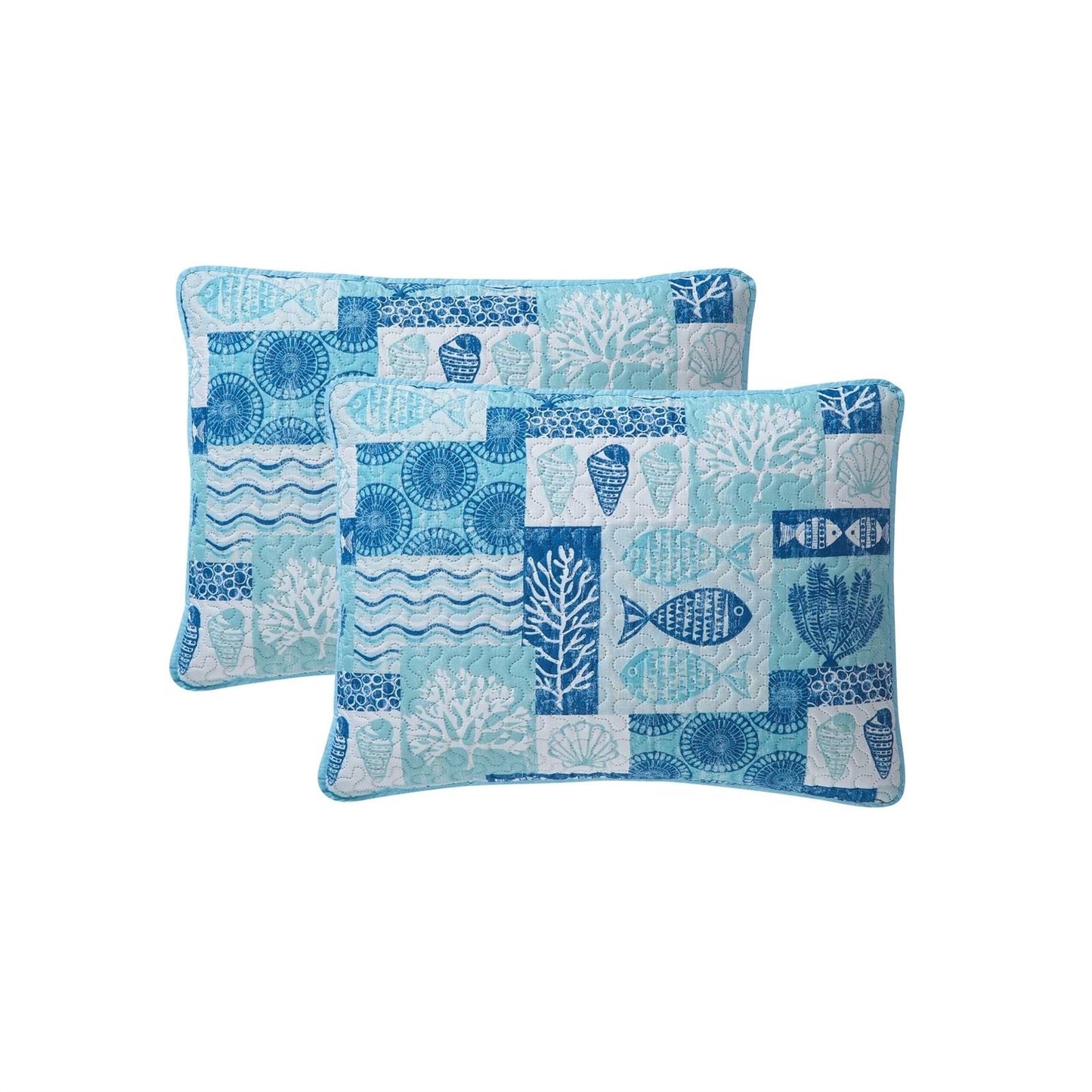 Aqua blue coastal bedding set showing reversible design and beach house style