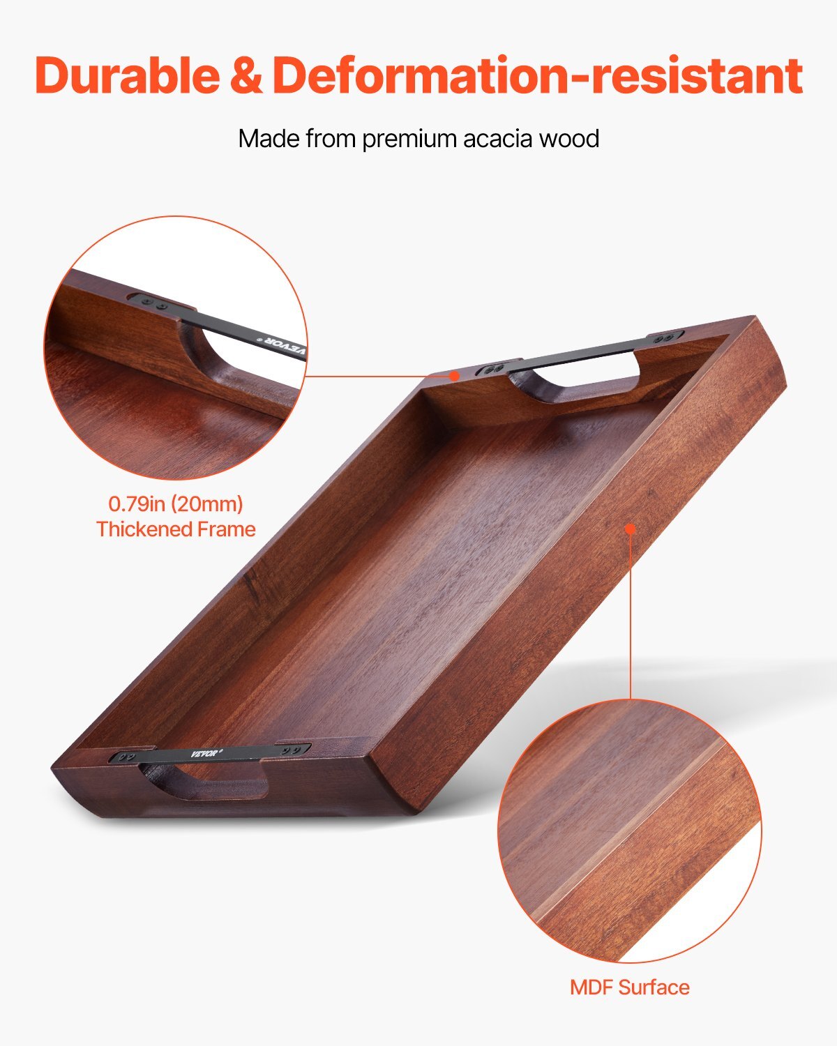 Close-up view of rustic acacia wood serving platter with rounded edges and sturdy construction for kitchen and living room use