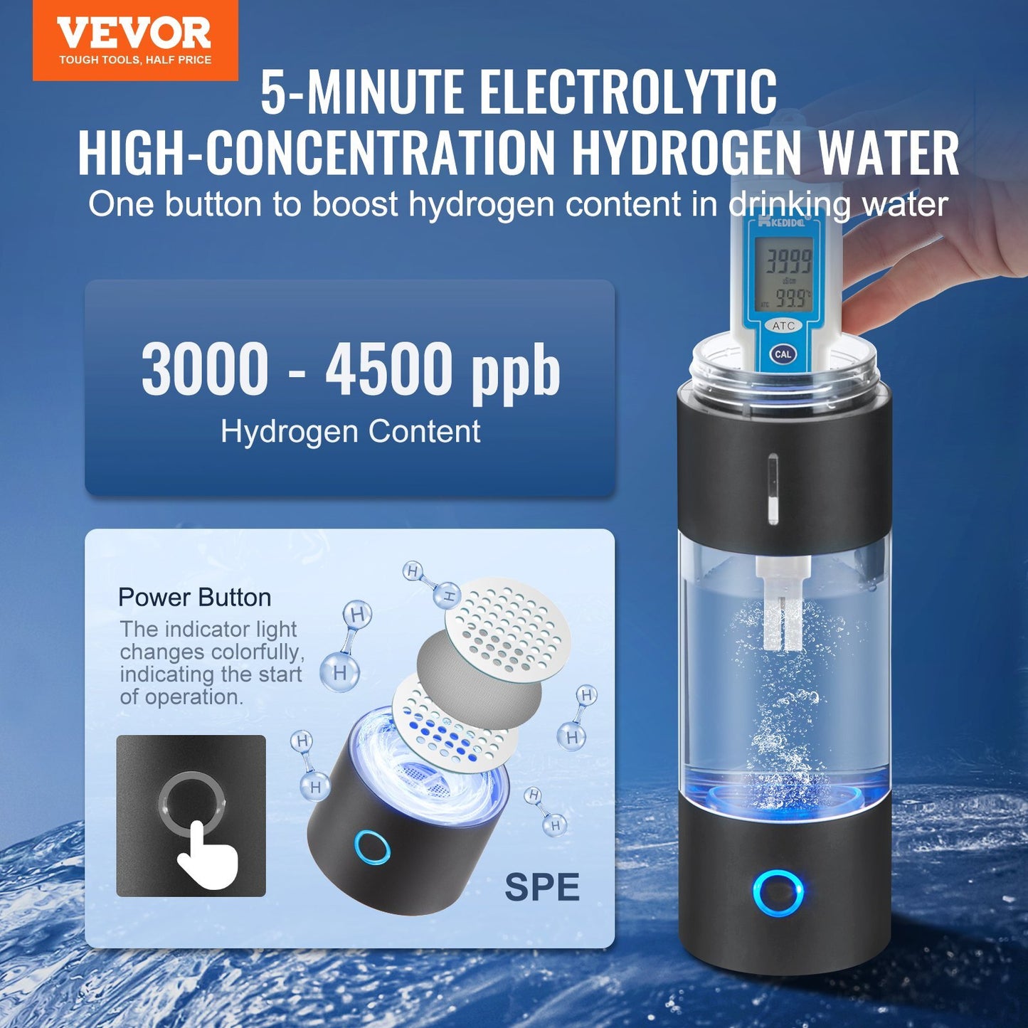 Portable hydrogen water ionizer showing detachable universal base and self-cleaning function for antioxidant-rich water