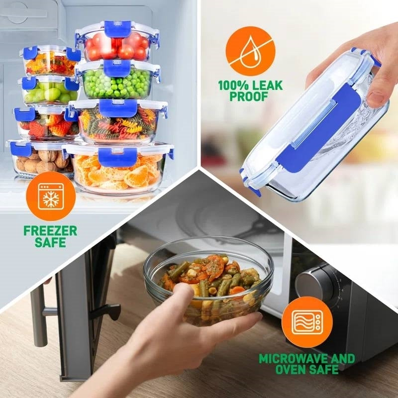 24-piece glass food storage container set showing stackable nestable design with snap lock lids multiple sizes 11-35 oz rectangle square round shapes for meal prep leftovers