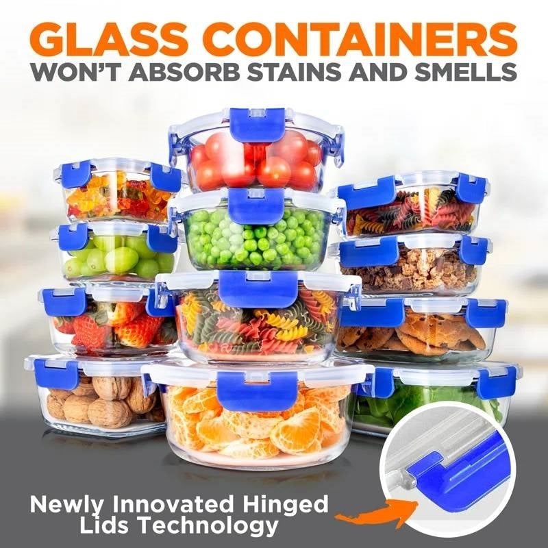 24-piece glass food storage container set snap lock lids complete meal prep bakeware set heat resistant stain resistant chemical-free borosilicate glass containers with airtight seals