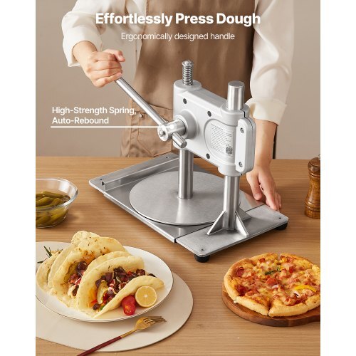 Heavy-duty cast iron tortilladora press showing 10-inch pressing capacity for authentic homemade tortillas