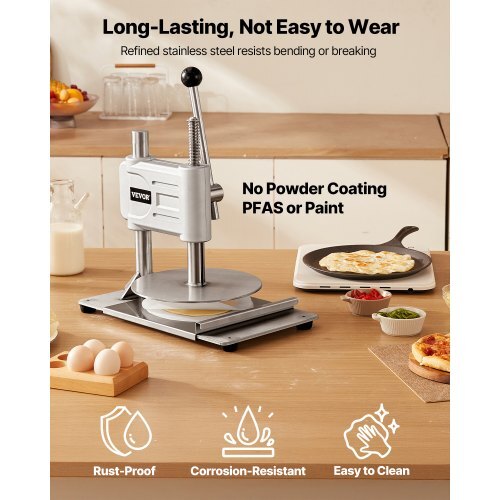 Complete VEVOR tortilla press set with included frying pan and 100 pieces parchment paper for immediate use