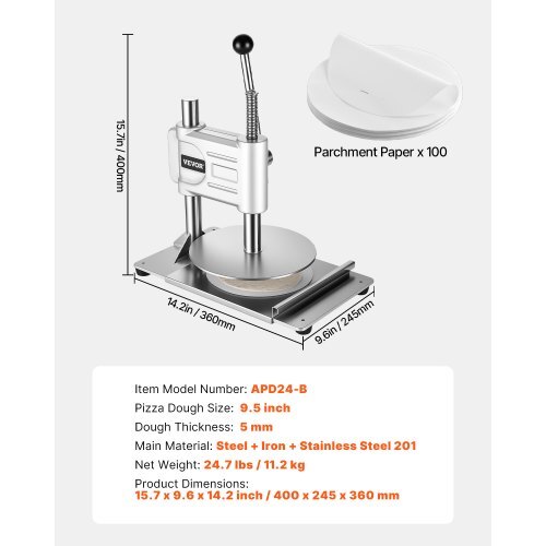 Pizza dough press with dimensions and specifications on a white background
