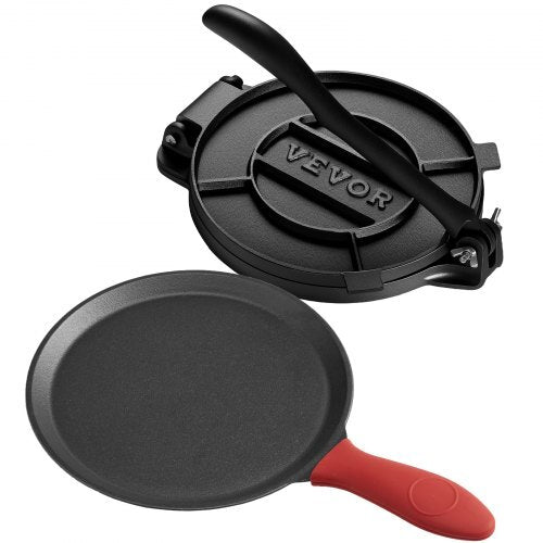 Black Vevor tortilla press with a red handle on a white background