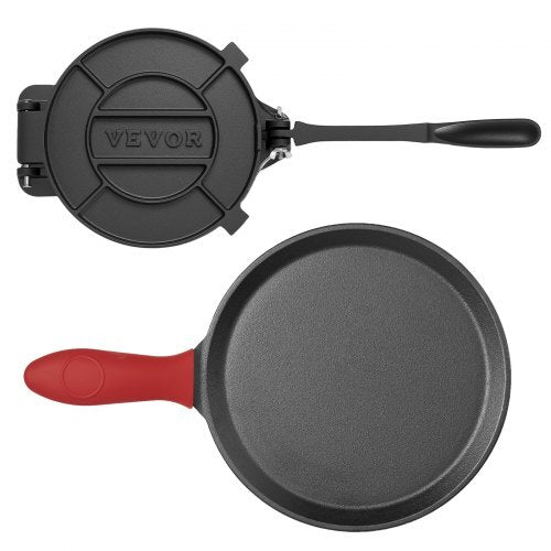 Black Vevor frying pan with red handle on a white background