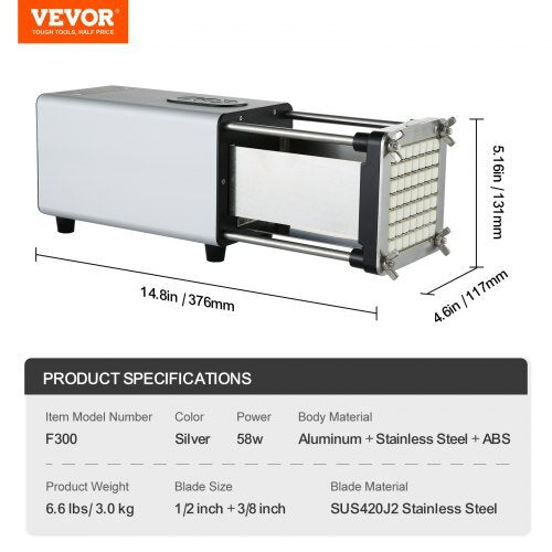 Electric vegetable cutter in action cutting fresh potatoes into uniform french fries