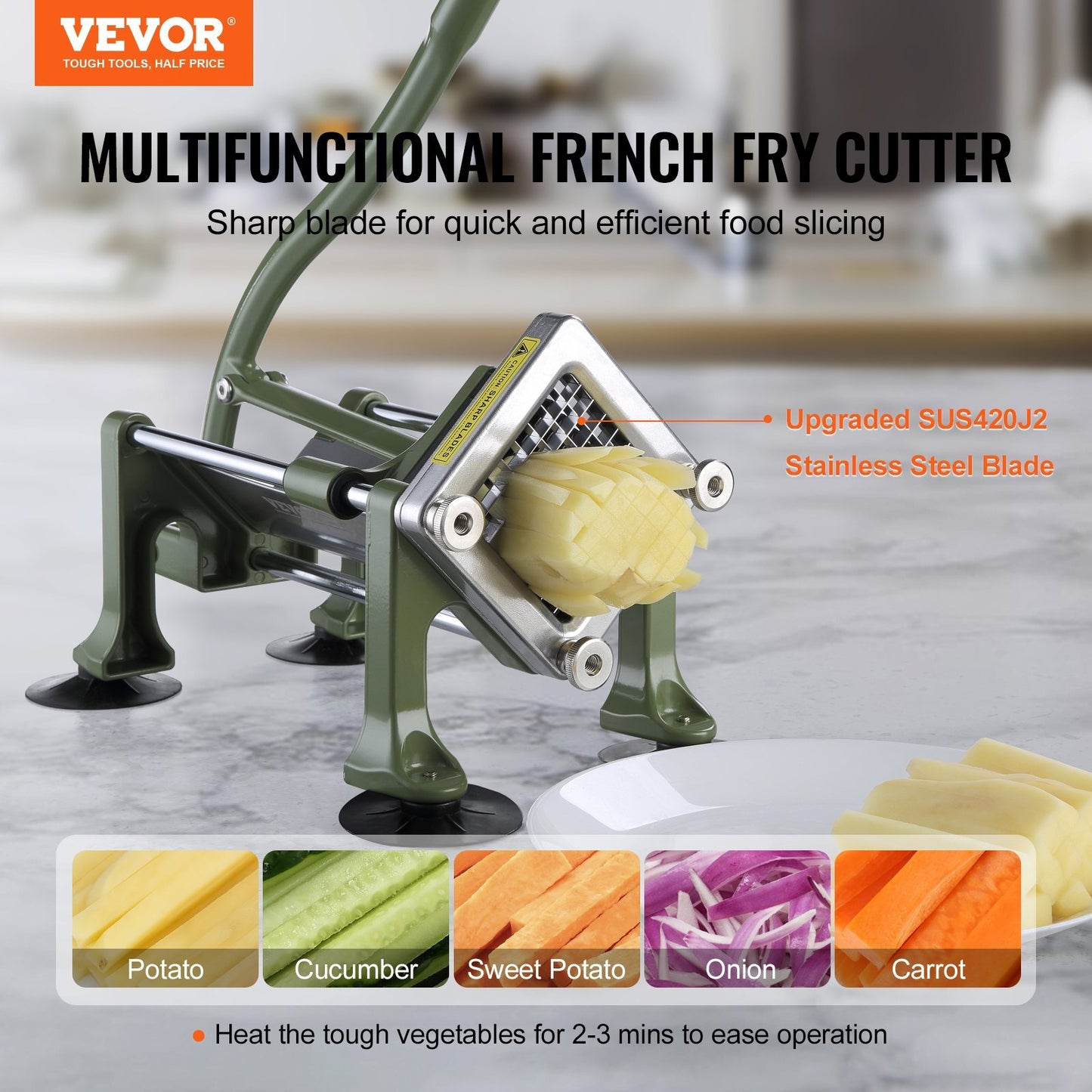 Close-up of VEVOR potato slicer showing labor-saving handle and interchangeable stainless steel cutting blades for vegetables