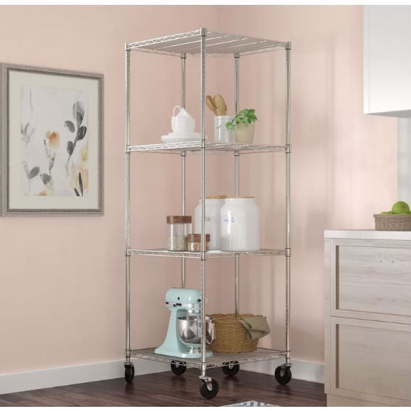 Heavy duty 4-tier corner storage rack showing rolling casters locking wheels adjustable shelf heights 27x27 inch corner configuration for garage basement storage