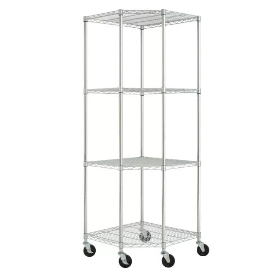 Heavy duty 4-tier corner storage rack shelving unit with wheels full view showing 77 inch height metal construction adjustable shelves for tools boxes cookware supplies