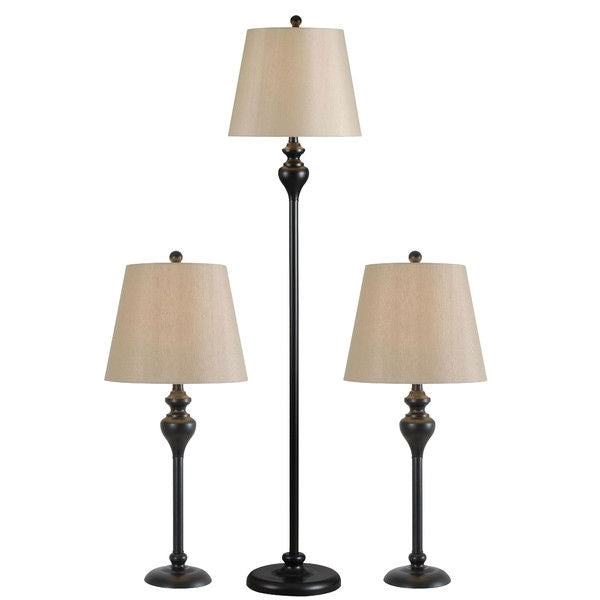 3-piece modern lamp set with black bases and light gold drum shades including one floor lamp and two table lamps for coordinated home lighting