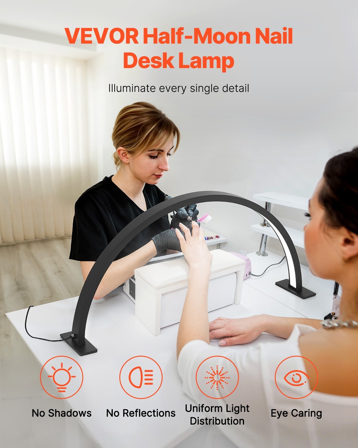 Close-up view of adjustable LED nail desk lamp showing phone holder mount and brightness control panel, ideal for nail art, eyelash extensions, and tattoo work with shadow-free illumination
