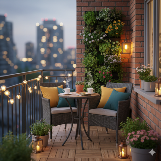 Small balcony with compact folding furniture, outdoor table and chairs, hanging plants in decorative pots, cozy seating area - space-saving balcony design inspiration